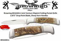 Browning Cutlery Presents The BR3220011 Joint Venture Slip Joint Folding Pocket Knife 2.875" Drop Point Blade, Sheep Horn Handles