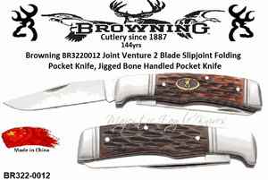 Browning Cutlery Presents The BR3220012 Browning Joint Venture Jigged Bone Handled 2 Blade Slip Joint Folding Pocket Knife 