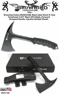 Browning Knive's BR320110BL Browning Black Label Shock N Awe Tomahawk 2.75" Black 1055 Blade, Paracord Wrapped Handle, Injection Molded Sheath