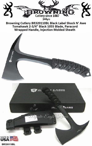 Browning Knive's BR320110BL Browning Black Label Shock N Awe Tomahawk 2.75" Black 1055 Blade, Paracord Wrapped Handle, Injection Molded Sheath Browning Knive's BR320110BL Browning Black Label Shock N Awe Tomahawk 2.75" Black 1055 Blade, Paracord Wrapped Handle, Injection Molded Sheath