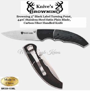 Browning Knive's BR320133BL Browning 3" Black Label Turning Point, 440C Stainless Steel Satin Plain Blade Carbon Fiber Handled Knife