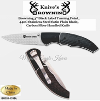 Browning Knive's BR320133BL Browning 3" Black Label Turning Point, 440C Stainless Steel Satin Plain Blade Carbon Fiber Handled Knife