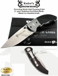 Browning Knive's BR320134BL Browning Black Label Turning Point 3" 440C Stainless Steel Plain Blade, Black G10 Handled Knife