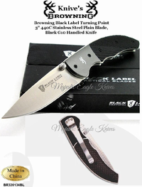 Browning Knive's BR320134BL Browning Black Label Turning Point 3" 440C Stainless Steel Plain Blade, Black G10 Handled Knife