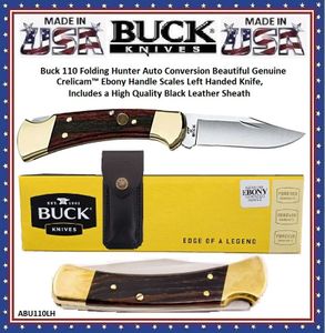 BuckABU110LH Folding Hunter Auto Conversion Beautiful Genuine Crelicam� Ebony Handled Left Handed Knife & Black Leather Sheath