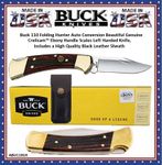 BuckABU110LH Folding Hunter Auto Conversion Beautiful Genuine Crelicam� Ebony Handled Left Handed Knife & Black Leather Sheath
