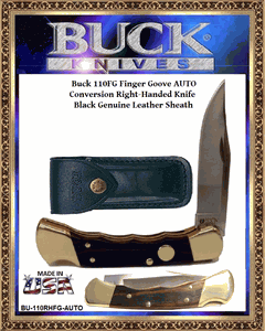 Buck 110RHFG Finger Groove Auto Conversion Folding Hunter Beautiful Genuine Crelicam� Ebony Handled Right-hand Knife & Black Leather Sheath