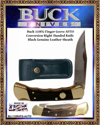 Buck 110RHFG Finger Groove Auto Conversion Folding Hunter Beautiful Genuine Crelicam™ Ebony Handled Right-hand Knife & Black Leather Sheath Buck 110RHFG Finger Groove Auto Conversion Folding Hunter Beautiful Genuine Crelicam™ Ebony Handled Right-hand Knife & Black Leather Sheath