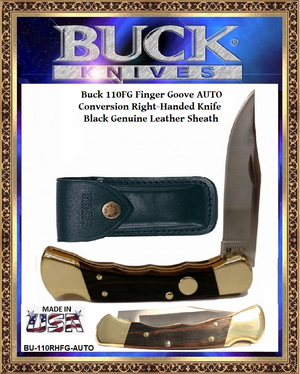 Buck 110RHFG Finger Groove Auto Conversion Folding Hunter Beautiful Genuine Crelicam� Ebony Handled Right-hand Knife & Black Leather Sheath