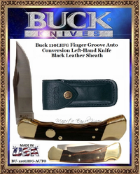 Buck 110LHFG Finger Groove Auto Conversion Folding Hunter Beautiful Genuine Crelicam™ Ebony Handled Left-hand Knife & Black Leather Sheath Buck 110LHFG Finger Groove Auto Conversion Folding Hunter Beautiful Genuine Crelicam™ Ebony Handled Left-hand Knife & Black Leather Sheath