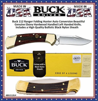 Buck 112 Ranger Auto Conversion Folding Hunter Beautiful Genuine Ebony Hardwood Handled Left-hand Knife & Black Ballistic Nylon/Sheath Buck 112 Ranger Auto Conversion Folding Hunter Beautiful Genuine Ebony Hardwood Handled Left-hand Knife & Black Ballistic Nylon/Sheath
