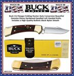 Buck 112 Ranger Auto Conversion Folding Hunter Beautiful Genuine Ebony Hardwood Handled Left-hand Knife & Black Ballistic Nylon/Sheath