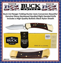 Buck 112 Ranger Auto Conversion Folding Hunter Beautiful Genuine Ebony Hardwood Handled Right-hand Knife & Black Ballistic Nylon/Sheath Buck 112 Ranger Auto Conversion Folding Hunter Beautiful Genuine Ebony Hardwood Handled Right-hand Knife & Black Ballistic Nylon/Sheath