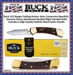 Buck 112 Ranger Auto Conversion Folding Hunter Beautiful Genuine Ebony Hardwood Handled Right-hand Knife & Black Ballistic Nylon/Sheath