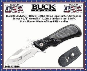 Buck B0585GYSHH Haley Heath Folding Ergo Hunter Adrenaline Select 7-1/8" Overall 3" 420HC Stainless Steel 58HRC Plain Skinner Blade w/Gray FRN Handles Knife & Sheath