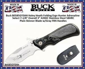 Buck B0585GYSHH Haley Heath Folding Ergo Hunter Adrenaline Select 7-1/8" Overall 3" 420HC Stainless Steel 58HRC Plain Skinner Blade w/Gray FRN Handles Knife & Sheath