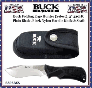 Buck Knives B595BKS Buck Folding Ergo Hunter (Select), 3" 420HC Plain Blade, Black Nylon Handle Knife