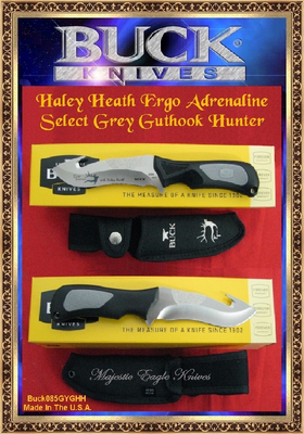 Buck Knives B85GYGHH Haley Heath ErgoHunter Adrenaline Select, 4.5" 420HC Guthook Skinner Plain Blade, Gray Alcryn Rubber Handle Heavy-Duty Nylon Sheath Buck Knives B85GYGHH Haley Heath ErgoHunter Adrenaline Select, 4.5" 420HC Guthook Skinner Plain Blade, Gray Alcryn Rubber Handle Heavy-Duty Nylon Sheath