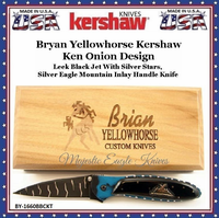 Kershaw Knives Presents The BY-1660BBCKT Brian Yellowhose Kershaw Leek, Black Jet With Silver Stars Silver Eagle Mountain Inlay Knife Kershaw Knives Presents The BY-1660BBCKT Brian Yellowhose Kershaw Leek, Black Jet With Silver Stars Silver Eagle Mountain Inlay Knife