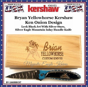 Kershaw Knives Presents The BY-1660BBCKT Brian Yellowhose Kershaw Leek, Black Jet With Silver Stars Silver Eagle Mountain Inlay Knife Kershaw Knives Presents The BY-1660BBCKT Brian Yellowhose Kershaw Leek, Black Jet With Silver Stars Silver Eagle Mountain Inlay Knife
