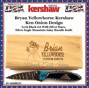 Kershaw Knives Presents The BY-1660BBCKT Brian Yellowhose Kershaw Leek, Black Jet With Silver Stars Silver Eagle Mountain Inlay Knife