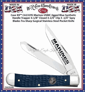 CA13195 Case XX� Marines USMC Jigged Blue Synthetic Handle Trapper 4-1/8" Closed 3-1/4" Clip 3 -1/4" Spey Blades Tru-Sharp Surgical Stainless Steel Pocket Knife