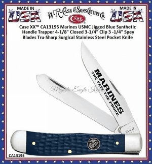 CA13195 Case XX™ Marines USMC Jigged Blue Synthetic Handle Trapper 4-1/8" Closed 3-1/4" Clip 3 -1/4" Spey Blades Tru-Sharp Surgical Stainless Steel Pocket Knife CA13195 Case XX™ Marines USMC Jigged Blue Synthetic Handle Trapper 4-1/8" Closed 3-1/4" Clip 3 -1/4" Spey Blades Tru-Sharp Surgical Stainless Steel Pocket Knife