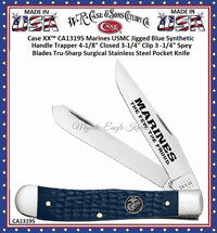 CA13195 Case XX™ Marines USMC Jigged Blue Synthetic Handle Trapper 4-1/8" Closed 3-1/4" Clip 3 -1/4" Spey Blades Tru-Sharp Surgical Stainless Steel Pocket Knife CA13195 Case XX™ Marines USMC Jigged Blue Synthetic Handle Trapper 4-1/8" Closed 3-1/4" Clip 3 -1/4" Spey Blades Tru-Sharp Surgical Stainless Steel Pocket Knife