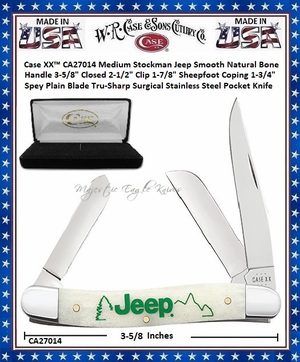 W.R. Case & Sons Cutlery�CA27014 Case XX� Medium Stockman Jeep Smooth Natural Bone Handle 3-5/8" Closed 2-1/2" Clip 1-7/8" Sheepfoot Coping 1-3/4" Spey Plain Blade Tru-Sharp Surgical Stainless Steel Pocket Knife
