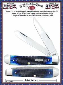 CA2800 Case XX� Jigged Navy Blue Bone Handle Trapper 4-1/8" Closed 3-1/4" Clip3-1/4" Spey Plain Blade Tru-Sharp Surgical Stainless Steel Plain Blades, Pocket Knife 