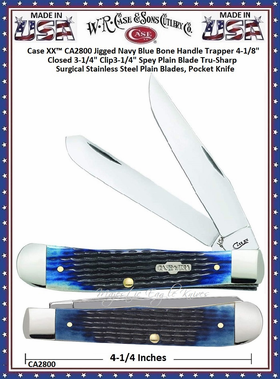 CA2800 Case XX™ Jigged Navy Blue Bone Handle Trapper 4-1/8" Closed 3-1/4" Clip3-1/4" Spey Plain Blade Tru-Sharp Surgical Stainless Steel Plain Blades, Pocket Knife CA2800 Case XX™ Jigged Navy Blue Bone Handle Trapper 4-1/8" Closed 3-1/4" Clip3-1/4" Spey Plain Blade Tru-Sharp Surgical Stainless Steel Plain Blades, Pocket Knife