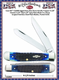 CA2800 Case XX� Jigged Navy Blue Bone Handle Trapper 4-1/8" Closed 3-1/4" Clip3-1/4" Spey Plain Blade Tru-Sharp Surgical Stainless Steel Plain Blades, Pocket Knife 