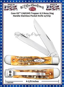 CA65345 Case XX Trapper 6.5 Bone Stag Handle Stainless Pocket Knife w/ Clip 