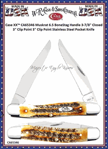CA65346 Case XX� Muskrat 6.5 BoneStag Handle 3-7/8" Closed 3" Clip Point 3" Clip Point Stainless Steel Pocket Knife 