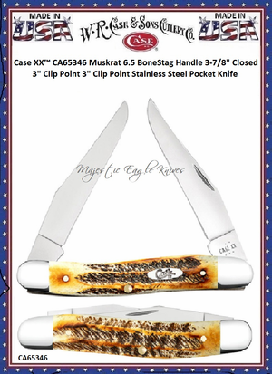 CA65346 Case XX� Muskrat 6.5 BoneStag Handle 3-7/8" Closed 3" Clip Point 3" Clip Point Stainless Steel Pocket Knife 