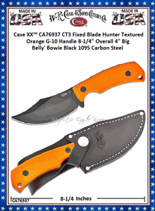  W.R. Case & Sons Cutlery�CA76937 Case XX� CT3 Fixed Blade Hunter Textured Orange G-10 Handle 8-1/4" Overall 4" Big Belly' Bowie Black 1095 Carbon Steel 