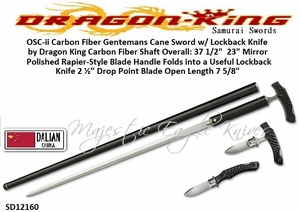 Dragon King Cutlery SD12160 The OSC-ii Carbon Fiber Gentleman's Cane Sword w/ Lock back Knife by Dragon King Carbon Fiber Shaft Overall: 37 1/2"  23" Mirror Polished Rapier-Style Blade Handle  Folds into a Useful Lockback Knife 2 �� Drop Point Blade Open Length 7 5/8"