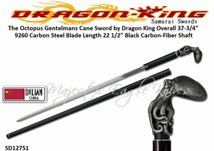 Dragon King Cutlery SD12751 The Octopus Gentelmans Cane Sword by Dragon King Overall: 37 3/4" 9260 Carbon Steel Blade Length 22 1/2" Black Carbon-Fiber Shaft