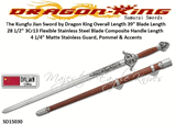 Dragon King Cutlery SD15030 Kungfu Jian Sword 28 1/2" Flexible 3Cr13 Stainless Steel Blade comes with a matching caramel colored composite scabbard with matte stainless steel accents and chape