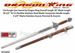 Dragon King Cutlery SD15030 Kungfu Jian Sword 28 1/2" Flexible 3Cr13 Stainless Steel Blade comes with a matching caramel colored composite scabbard with matte stainless steel accents and chape