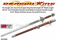 Dragon King Cutlery SD15030 Kungfu Jian Sword 28 1/2" Flexible 3Cr13 Stainless Steel Blade comes with a matching caramel colored composite scabbard with matte stainless steel accents and chape Dragon King Cutlery SD15030 Kungfu Jian Sword 28 1/2" Flexible 3Cr13 Stainless Steel Blade comes with a matching caramel colored composite scabbard with matte stainless steel accents and chape