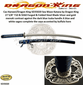 Dragon King Cutlry SD35020 Sea Wave Katana by Dragon King 27 5/8" T10 & 9260 Forged & Folded Steel Blade Silver and gold menuki contrast against the dark blue tsuka handle A blue and white sageo complete the saya accented by buffalo horn