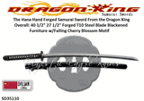 Dragon King Cutlery SD35110 The Hana Hand Forged Samurai Sword From the Dragon King Overall: 40 1/2" 27 1/2" Forged T10 Steel Blade Blackened Furniture w/Falling Cherry Blossom Motif