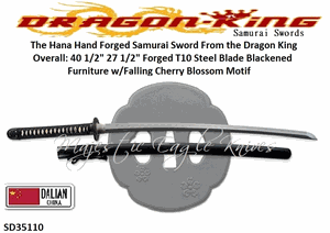 Dragon King Cutlery SD35110 The Hana Hand Forged Samurai Sword From the Dragon King Overall: 40 1/2" 27 1/2" Forged T10 Steel Blade Blackened Furniture w/Falling Cherry Blossom Motif