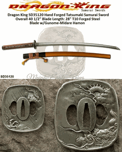 Dragon King Cutlery SD35120 The Tatsumaki Katana by Dragon King Overall: 40 1/2" 28" T10 Forged Steel Blade with gunome-midare hamon Blade Length 28" Traditional handle construction Handle Length 11 3/8"