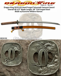Dragon King Cutlery SD35120 The Tatsumaki Katana by Dragon King Overall: 40 1/2" 28" T10 Forged Steel Blade with gunome-midare hamon Blade Length 28" Traditional handle construction Handle Length 11 3/8" Dragon King Cutlery SD35120 The Tatsumaki Katana by Dragon King Overall: 40 1/2" 28" T10 Forged Steel Blade with gunome-midare hamon Blade Length 28" Traditional handle construction Handle Length 11 3/8"