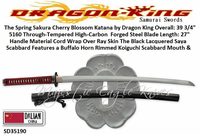Dragon King Cutlery SD35190 The Spring Sakura Cherry Blossom Katana by Dragon King Handle Material Cord Wrap Over Ray Skin The Black Lacquered Saya Scabbard Dragon King Cutlery SD35190 The Spring Sakura Cherry Blossom Katana by Dragon King Handle Material Cord Wrap Over Ray Skin The Black Lacquered Saya Scabbard
