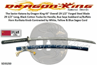 Dragon King Cutlery SD35250 The Savior Katana by Dragon King Black Cotton Tsuka-ito Handle Wrap Deep Bue Saya Scabbard White, Yellow & Blue Sageo Cord Dragon King Cutlery SD35250 The Savior Katana by Dragon King Black Cotton Tsuka-ito Handle Wrap Deep Bue Saya Scabbard White, Yellow & Blue Sageo Cord