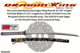 Dragon King Cutlery SD35270 The Lotus Seed Katana by Dragon King Various Shade of Violet From the Wrapped Cotton Ito Handle wrap. The Gold & Purple Sageo on The Smooth Deep, Dark Lacquered Saya.