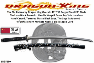 Cas Hanwei/Dragon King SD35280 The Shi Katana by Dragon King Long Black-on-Black Tsuka-ito Handle Wrap & Same Ray Skin Handle a Hand Carved, Textured Matte Black Saya 